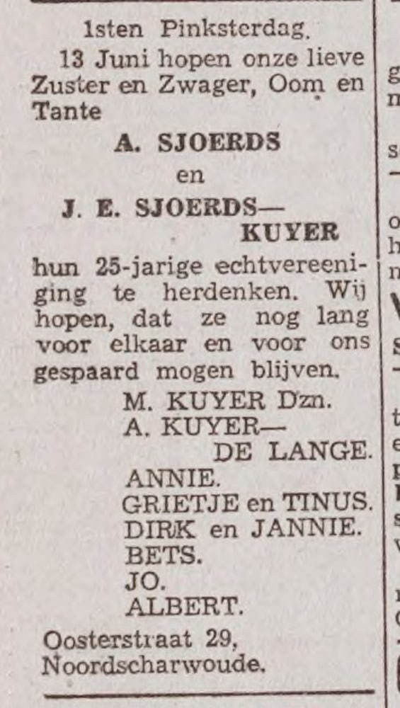 Advertentie A. Sjoerds en J. E. Sjoerds-Kuyer in Dagblad Noord-Holland Schager editie. 1943