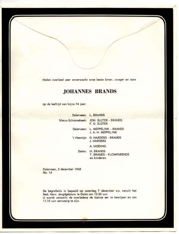 Rouwkaart Johannes Brands