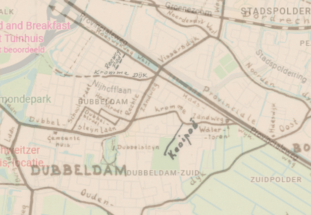 moderne kaart 2025 en oude kaart uit 1951 van dubbeldam over elkaar gelegd.