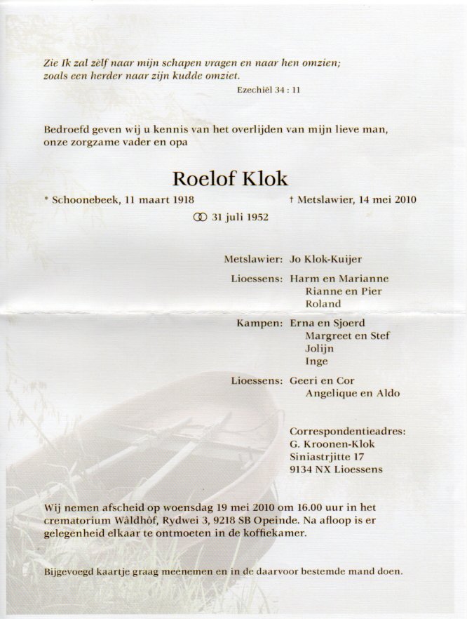 Rouwkaart Roelof Klok
