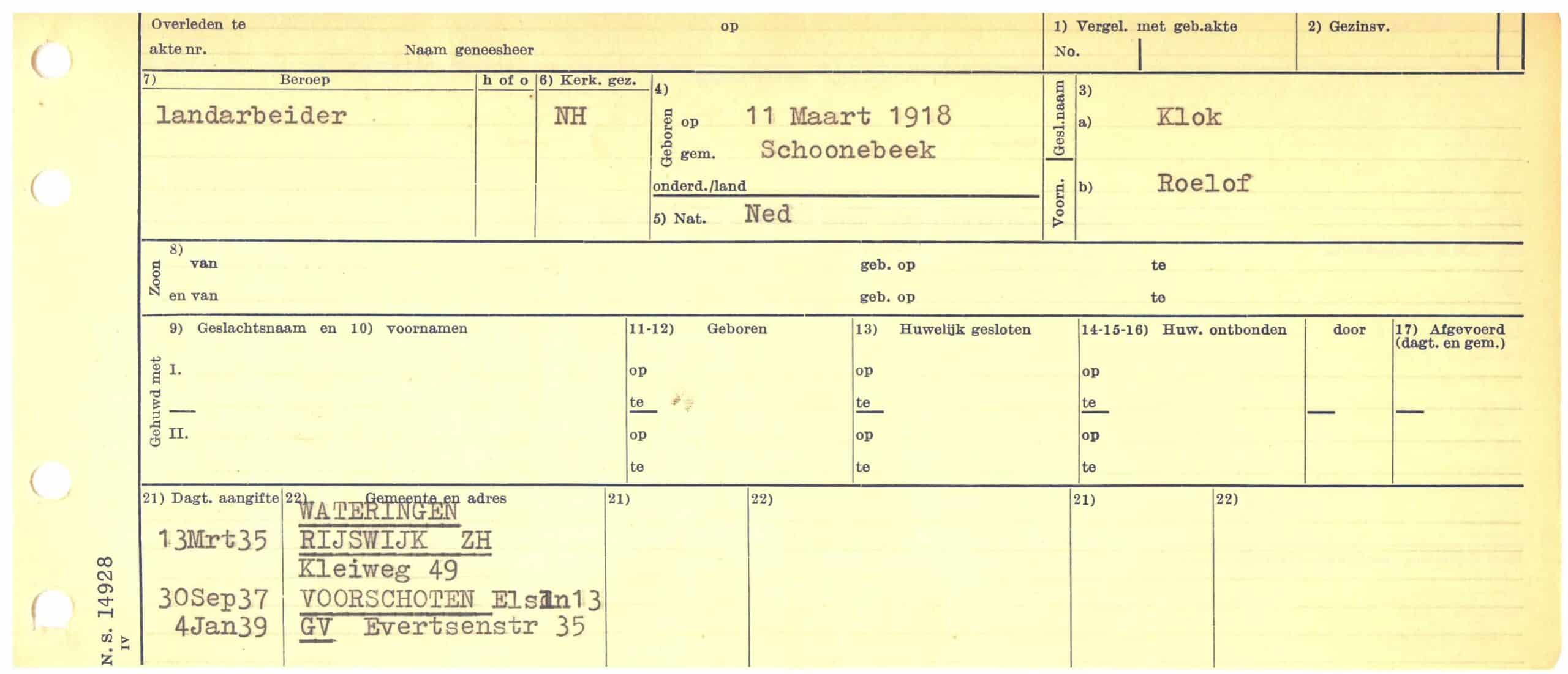 Persoonskaart Roelof Klok (1918-)