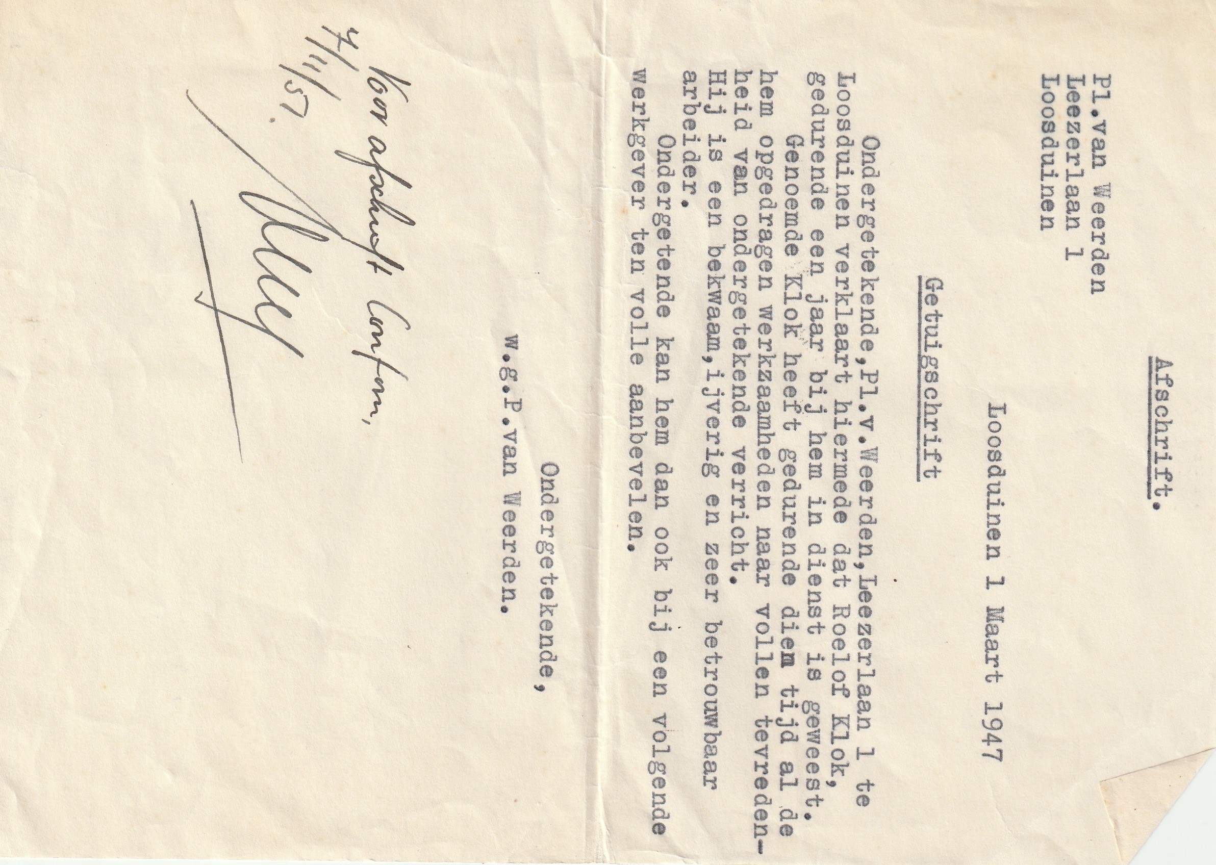 Getuigenschrift Roelof Klok – 1947